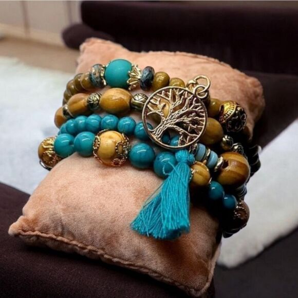 4pc Set Boho Turquoise Beaded Stacked Tree Tassel Charm Bracelet Stretch Beads - Picture 3 of 6